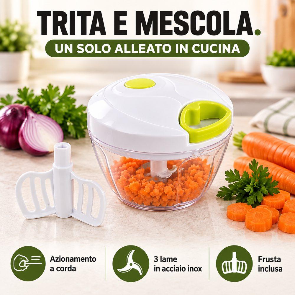 Trita e Mescola + Contenitore - 2 funzioni in 1 Incluso di 3 lame in acciaio inox, Frusta per mescolare e Coperchio
