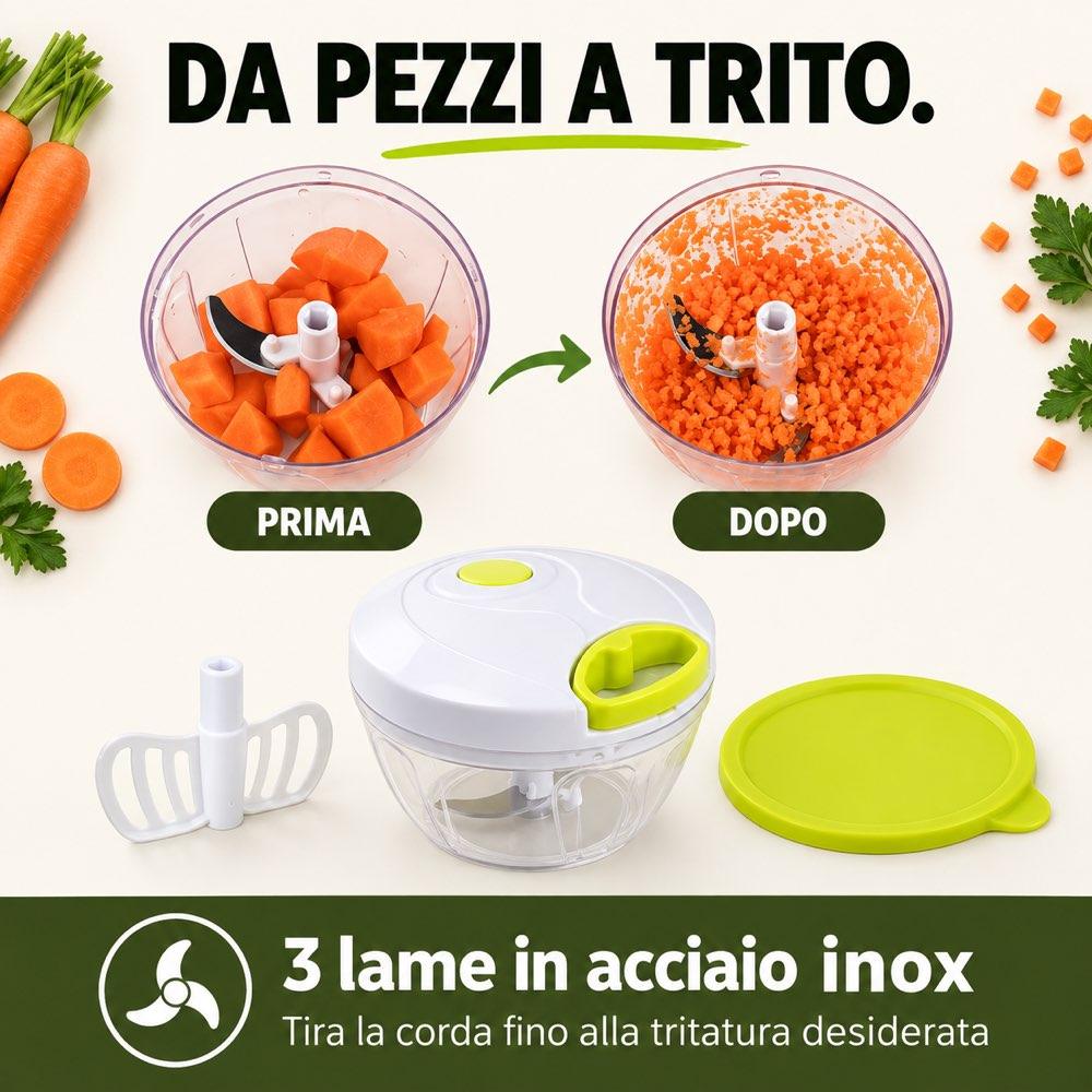 Trita e Mescola + Contenitore - 2 funzioni in 1 Incluso di 3 lame in acciaio inox, Frusta per mescolare e Coperchio - immagine 3
