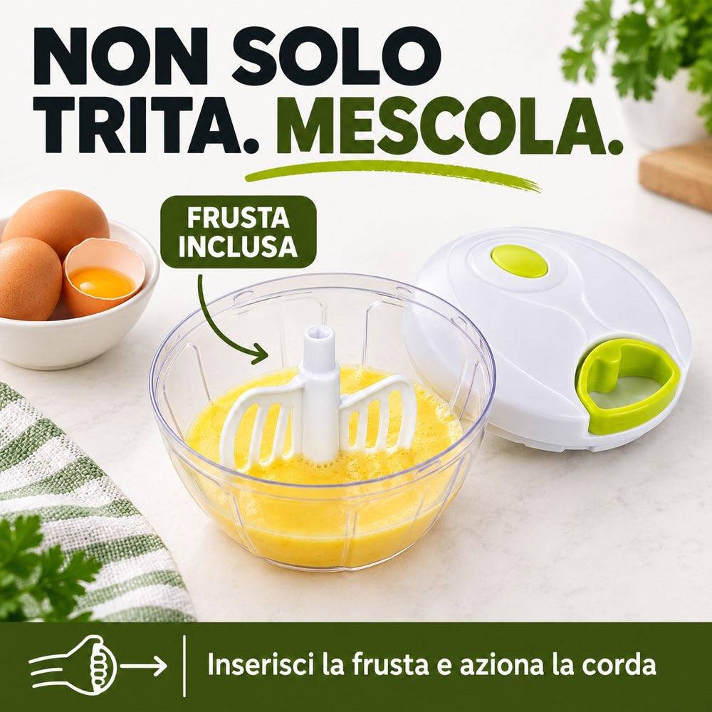 Trita e Mescola + Contenitore - 2 funzioni in 1 Incluso di 3 lame in acciaio inox, Frusta per mescolare e Coperchio - immagine 4
