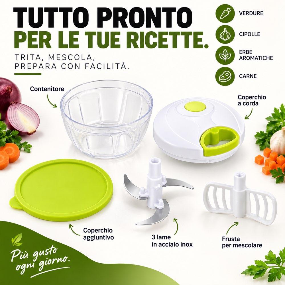 Trita e Mescola + Contenitore - 2 funzioni in 1 Incluso di 3 lame in acciaio inox, Frusta per mescolare e Coperchio - immagine 5