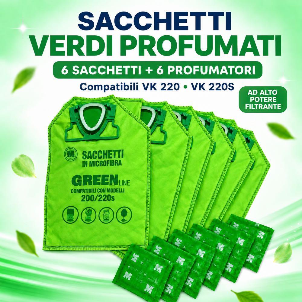 Sacchetti Folletto Verdi Profumati ad alto potere filtrante compatibile con VK 200 e VK 220s - pezzi 6 + 6