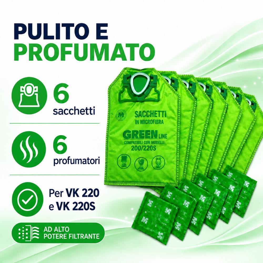 Sacchetti Folletto Verdi Profumati ad alto potere filtrante compatibile con VK 200 e VK 220s - pezzi 6 + 6 - immagine 3