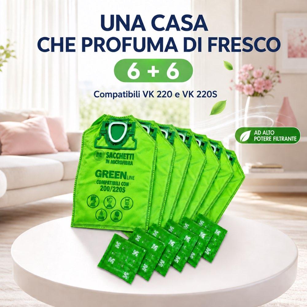 Sacchetti Folletto Verdi Profumati ad alto potere filtrante compatibile con VK 200 e VK 220s - pezzi 6 + 6 - immagine 2