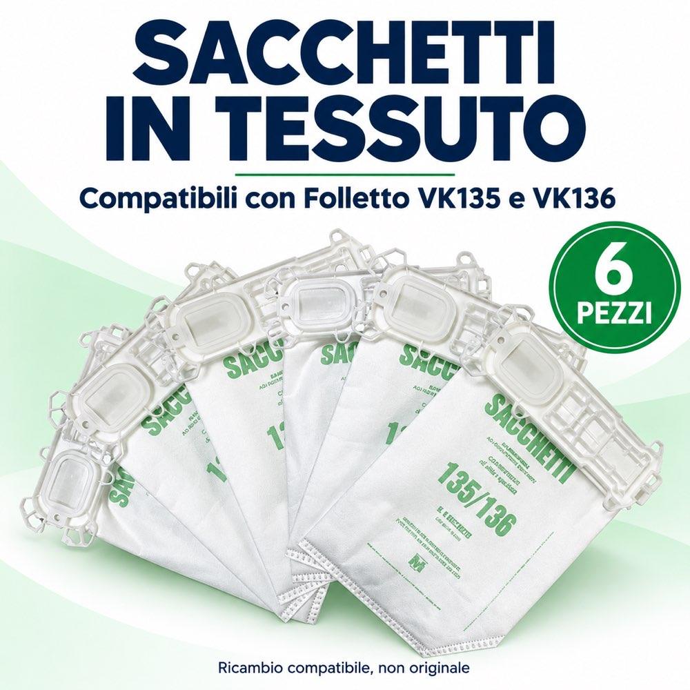 Sacchetti in tessuto ad Alto potere Filtrante per Folletto VK 135 e VK 136 Compatibile - 6 pezzi - immagine 2