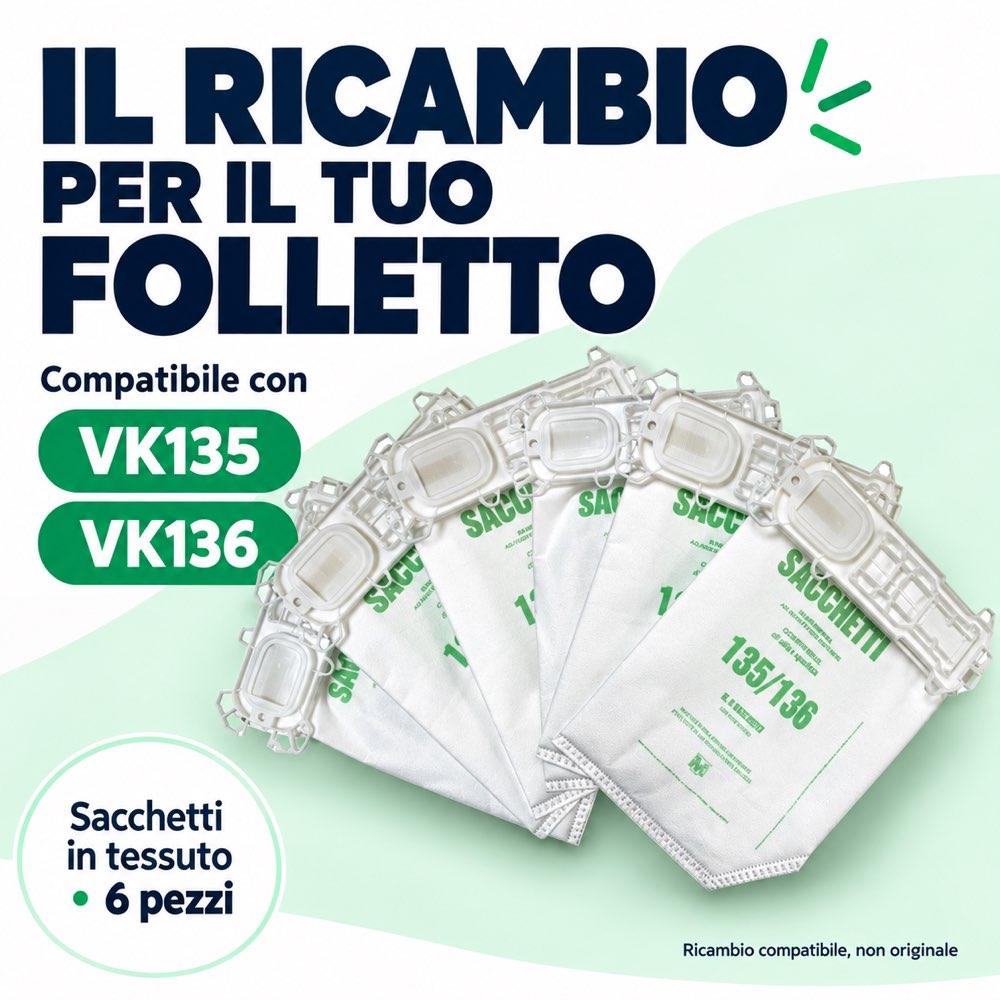 Sacchetti in tessuto ad Alto potere Filtrante per Folletto VK 135 e VK 136 Compatibile - 6 pezzi - immagine 3