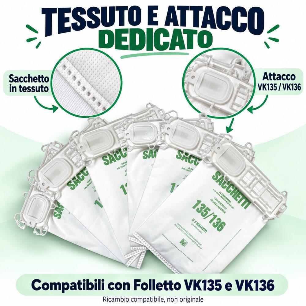Sacchetti in tessuto ad Alto potere Filtrante per Folletto VK 135 e VK 136 Compatibile - 6 pezzi - immagine 5