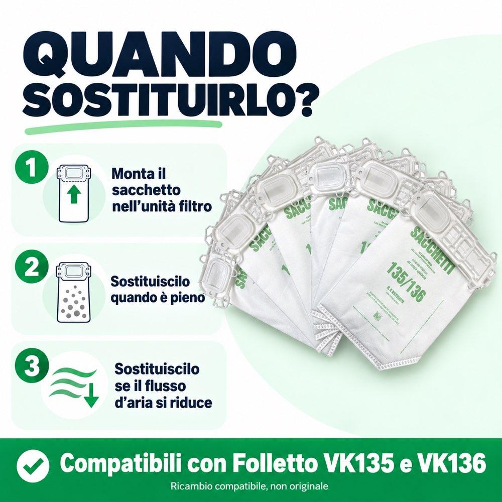 Sacchetti in tessuto ad Alto potere Filtrante per Folletto VK 135 e VK 136 Compatibile - 6 pezzi - immagine 4